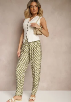 Zielone Spodnie o Szerokim Kroju High Waist w Romby Sarriza