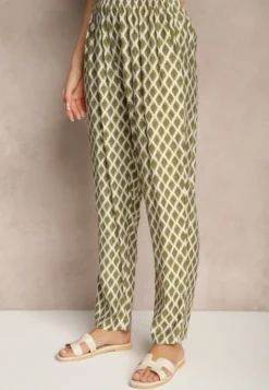 Zielone Spodnie o Szerokim Kroju High Waist w Romby Sarriza