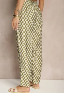 Zielone Spodnie o Szerokim Kroju High Waist w Romby Sarriza