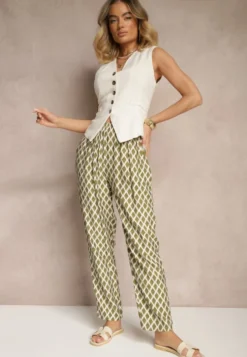 Zielone Spodnie o Szerokim Kroju High Waist w Romby Sarriza