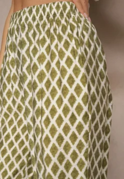 Zielone Spodnie o Szerokim Kroju High Waist w Romby Sarriza