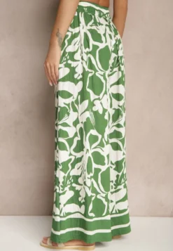 Zielone Spodnie o Szerokim Kroju High Waist w Kwiaty Nelrive
