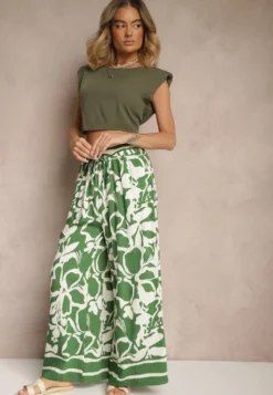 Zielone Spodnie o Szerokim Kroju High Waist w Kwiaty Nelrive