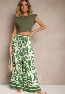 Zielone Spodnie o Szerokim Kroju High Waist w Kwiaty Nelrive