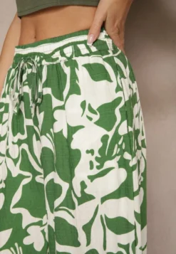 Zielone Spodnie o Szerokim Kroju High Waist w Kwiaty Nelrive