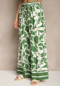 Zielone Spodnie o Szerokim Kroju High Waist w Kwiaty Nelrive