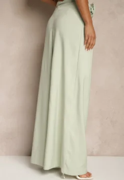 Zielone Spodnie o Szerokim Kroju High Waist z Kwiatem 3D Firalisse