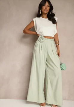 Zielone Spodnie o Szerokim Kroju High Waist z Kwiatem 3D Firalisse