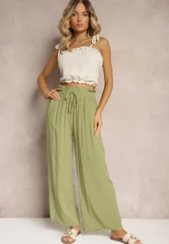 Zielone Spodnie Palazzo High Waist z Bawełny Wykończone Gumką w Talii Nellsea