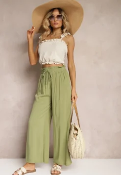 Zielone Spodnie Palazzo High Waist z Bawełny Wykończone Gumką w Talii Nellsea