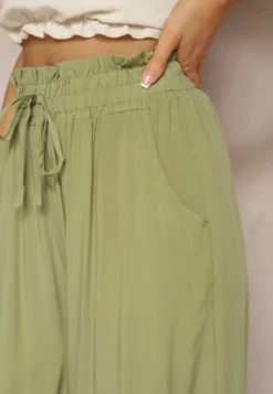 Zielone Spodnie Palazzo High Waist z Bawełny Wykończone Gumką w Talii Nellsea