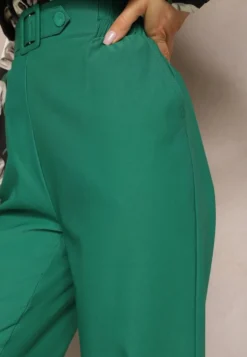 Zielone Spodnie Szerokie w Stylu Paper Bag z Materiałowym Paskiem Xennia