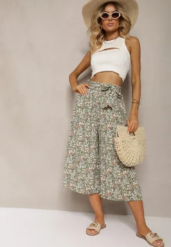 Zielone Spodnie z Szerokimi Nogawkami High Waist z Bawełną Paskiem i Gumką w Talii Drosofia