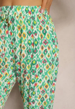 Zielone Spodnie z Wiskozy o Klasycznym Kroju High Waist Wykończone Gumką w Pasie Dalfea