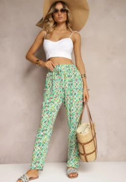 Zielone Spodnie z Wiskozy o Klasycznym Kroju High Waist Wykończone Gumką w Pasie Dalfea