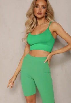 Zielone Sportowe Szorty Kolarki Prążkowane High Waist Steiama