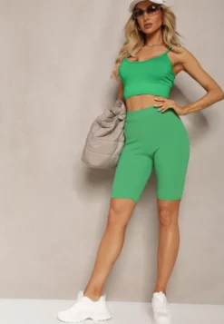 Zielone Sportowe Szorty Kolarki Prążkowane High Waist Steiama