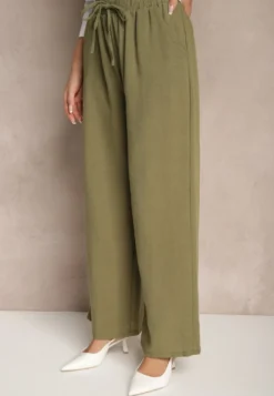 Zielone Szerokie Spodnie Palazzo High Waist z Ozdobnym Wiązaniem Arandiel