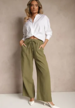 Zielone Szerokie Spodnie Palazzo High Waist z Ozdobnym Wiązaniem Arandiel