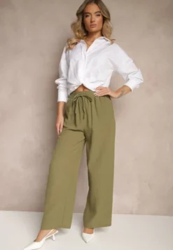 Zielone Szerokie Spodnie Palazzo High Waist z Ozdobnym Wiązaniem Arandiel