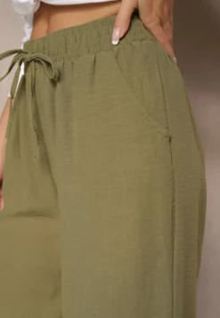 Zielone Szerokie Spodnie Palazzo High Waist z Ozdobnym Wiązaniem Arandiel