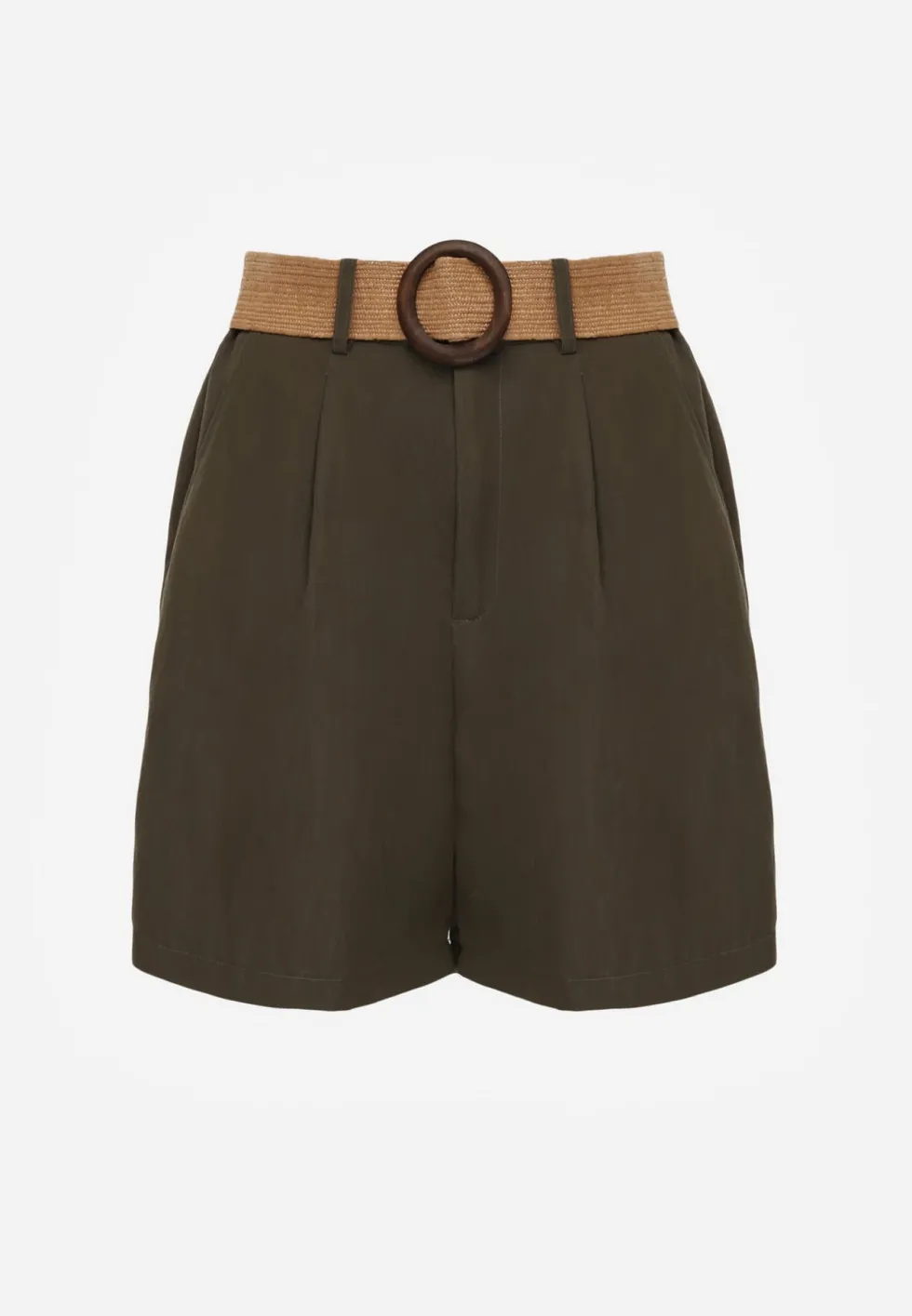 Zielone Szorty Casual z Wiskozą High Waist Ozdobione Paskiem z Plecionki Kailee