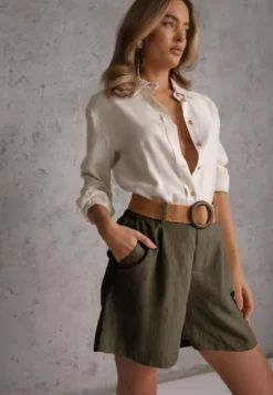 Zielone Szorty Casual z Wiskozą High Waist Ozdobione Paskiem z Plecionki Kailee