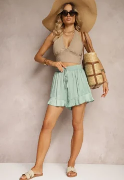 Zielone Szorty High Waist o Luźnym Kroju z Gumką w Pasie i Falbanką Kinnea