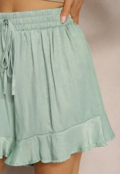 Zielone Szorty High Waist o Luźnym Kroju z Gumką w Pasie i Falbanką Kinnea