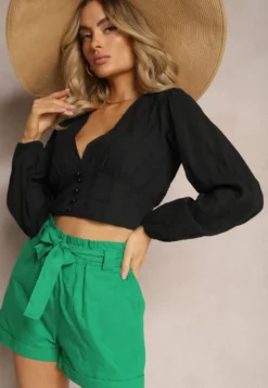 Zielone Szorty High Waist Wiązane w Pasie Gilalilena