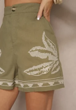 Zielone Szorty High Waist z Bawełny Zdobione Haftem Filianira