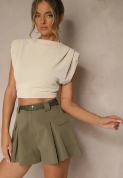 Zielone Szorty High Waist z Kieszeniami Typu Cargo Aloviane