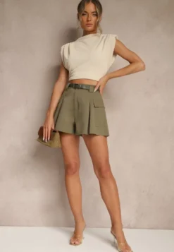 Zielone Szorty High Waist z Kieszeniami Typu Cargo Aloviane