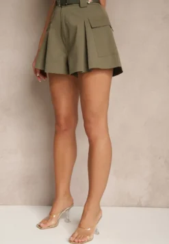 Zielone Szorty High Waist z Kieszeniami Typu Cargo Aloviane