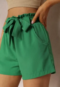 Zielone Szorty High Waist z Materiałowym Paskiem i Kieszeniami Leonitte