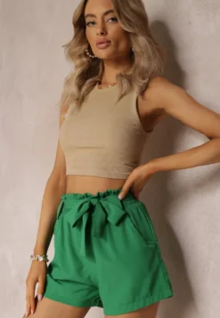 Zielone Szorty High Waist z Materiałowym Paskiem i Kieszeniami Leonitte