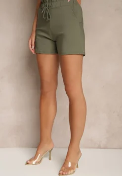Zielone Szorty z Bawełną High Waist z Ozdobnym Sznurkiem Axemia