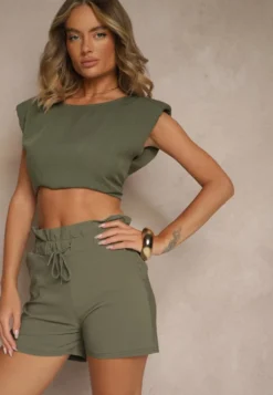 Zielone Szorty z Bawełną High Waist z Ozdobnym Sznurkiem Axemia