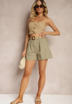 Zielone Szorty z Bawełny High Waist o Kroju Bermudów Zapinane na Zamek Błyskawiczny i Guzik z Plecionym Paskiem z Klamrą Iannestra