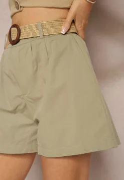 Zielone Szorty z Bawełny High Waist o Kroju Bermudów Zapinane na Zamek Błyskawiczny i Guzik z Plecionym Paskiem z Klamrą Iannestra