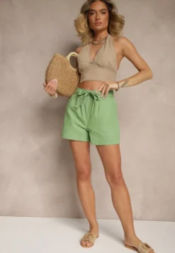 Zielone Szorty z Bawełny High Waist Ozdobione Paskiem Lioziera