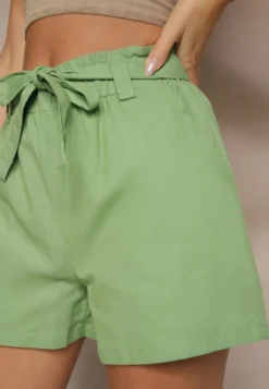 Zielone Szorty z Bawełny High Waist Ozdobione Paskiem Lioziera