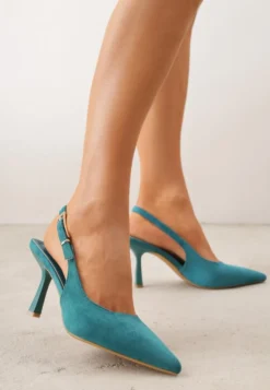 Zielone Szpilki Slingback VICES z Imitacji Zamszu z Prostokątną Klamerką Natuma