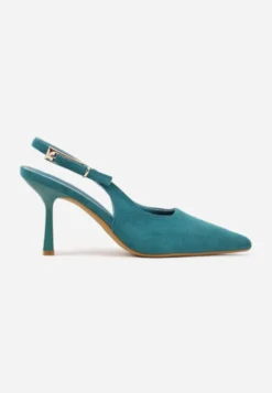 Zielone Szpilki Slingback VICES z Imitacji Zamszu z Prostokątną Klamerką Natuma