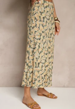 Zielono-Beżowa Rozkloszowana Spódnica z Wiskozy High Waist Fevanice