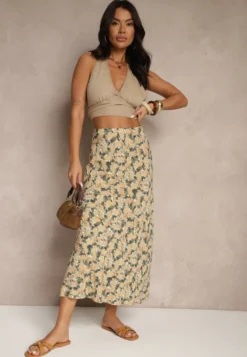 Zielono-Beżowa Rozkloszowana Spódnica z Wiskozy High Waist Fevanice