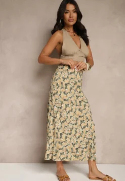 Zielono-Beżowa Rozkloszowana Spódnica z Wiskozy High Waist Fevanice