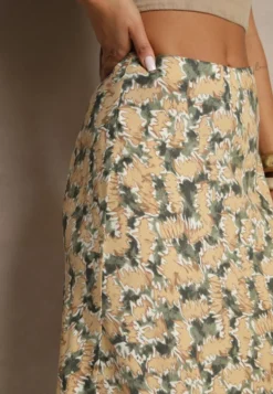 Zielono-Beżowa Rozkloszowana Spódnica z Wiskozy High Waist Fevanice