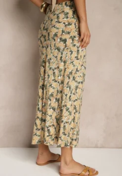 Zielono-Beżowa Rozkloszowana Spódnica z Wiskozy High Waist Fevanice