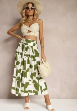 Zielono-Beżowa Rozkloszowana Spódnica High Waist z Gumką w Talii i Guzikami Tinasshi